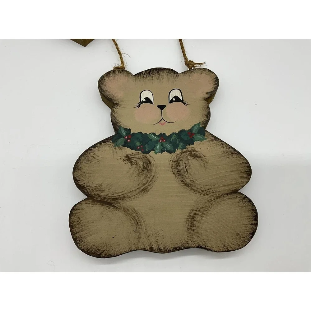 Vintage Handmade Merry Christmas Bear Wood Wall Sign Brown Holiday Decor Plaque